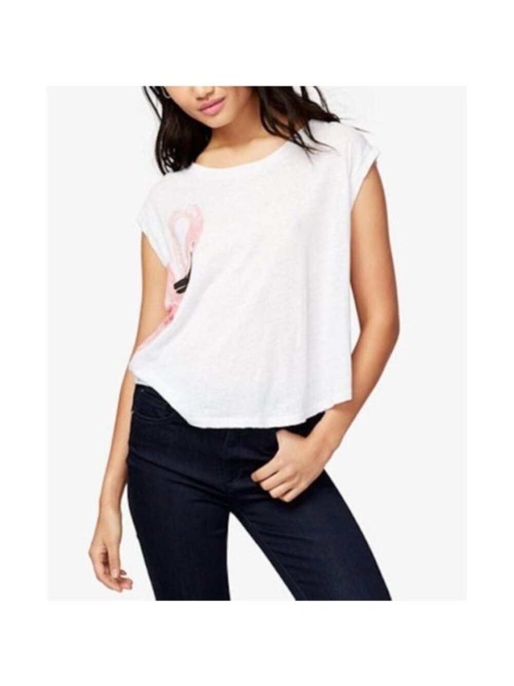 Rachel Roy Flamingo Graphic White Boxy Tee Lightweight Dolman Sleeve Top